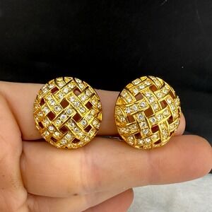 Vintage Swarovski Clip On Earrings Gold Tone Woven Lattice Crystal Round